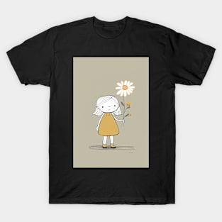 Cute Girl with Flower Illustration T-Shirt